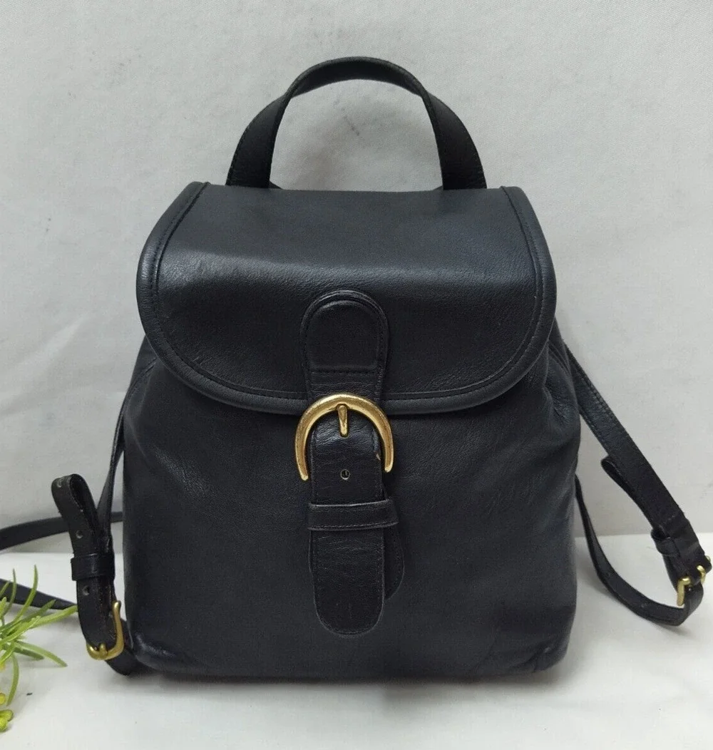 Coach Black Leather Buckle Flap Closure Top Handle Backpack -Vintage Made in USA